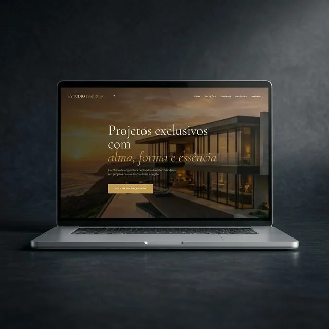 Site institucional do Estúdio Essência, projeto de arquitetura, exibido em um notebook